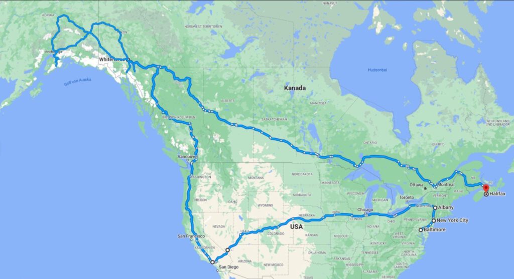 Reiseroute Roadtrip USA, Kanada, Alaska